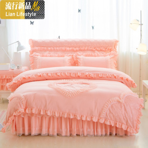 韩版婚庆公主风蕾丝床裙款四件套薄款花边床罩床套1.8m米床上用品 三维工匠