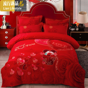 喜庆百子图结婚四件套棉棉新婚红色床单被套中式婚庆床上用品 三维工匠