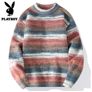 PLAYBOY慵懒风条纹毛衣男士秋冬季新款圆领宽松情侣加厚针织线衫