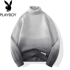 PLAYBOY时尚潮流渐变色高领毛衣男士套头秋冬季新款休闲打底线衫