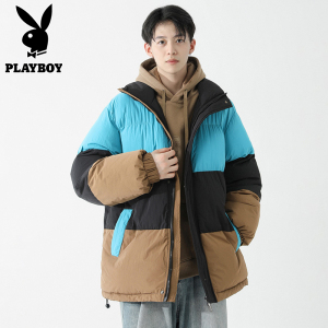 PLAYBOY时尚潮流拼色立领棉服男士冬季款情侣装休闲宽松百搭外套