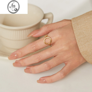 JiMi装饰戒指女ins小众设计几何圆形镂空戒子钛钢14K金色简约开口指环