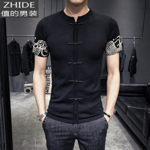 SUNTEK春季针织t恤男短袖修身中国风打底衫薄潮流韩版个性时尚半袖毛衣T恤