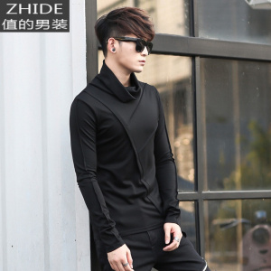 SUNTEK男士高领打底衫堆堆半高领修身韩版潮流黑色不对称棉长袖t恤男T恤