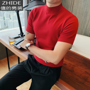 SUNTEK春季韩版修身男士半高领短袖T恤型男紧身弹力针织衫中领打底线衫T恤