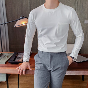 SUNTEK春装男士长袖T恤韩版修身圆领色体恤衫型男休闲打底衫弹力白TT恤