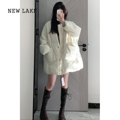 NEW LAKE韩版米白色棉服女2023新款胖mm大码显瘦宽松加厚棉袄棉衣外套