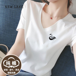NEW LAKE白色v领短袖t恤女2024新款夏季半袖韩版宽松大码百搭体恤女士上衣