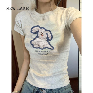 NEW LAKE纯棉浅灰色正肩短袖t恤女夏设计感小众修身显瘦辣妹小衫短款上衣