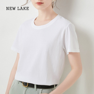 NEW LAKE纯棉基础款纯色百搭圆领短袖T恤女2024年春夏新品正肩显瘦白色t