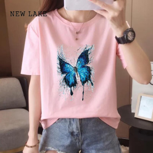 NEW LAKE休闲夏季蜻蜓蒲公英创意花卉上衣印花圆领女学生薄款青年时尚T恤