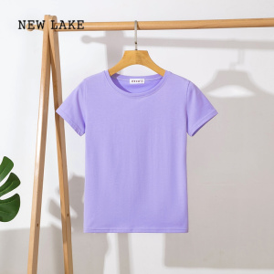 NEW LAKE夏季纯色短袖t恤女修身常规圆领棉质香芋紫青春外穿百搭半袖上衣