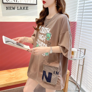 NEW LAKE大码女装口袋设计感小众短袖t恤女夏季2024新款宽松中长款上衣潮