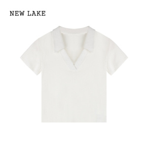 NEW LAKE辣妹修身V领短袖针织T恤女夏季设计感短款露脐显瘦黑色打底上衣潮