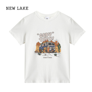 NEW LAKE纯棉花灰色短袖t恤女夏季新款设计感小众别致独特绝美正肩短上衣