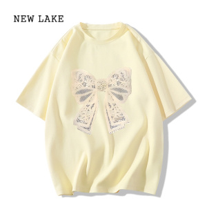 NEW LAKE黑色蝴蝶结短袖t恤夏季2024新款小个子设计宽松女生初春上衣