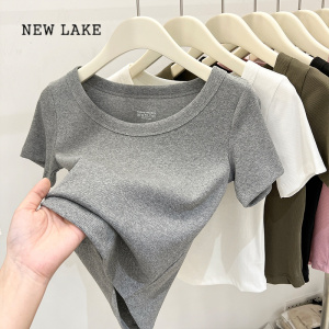 NEW LAKE纯棉白色短袖t恤女紧身夏季2024新款修身短款上衣女装体恤打底衫