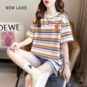 NEW LAKE大码女装夏季新款欧货大版彩色条纹短袖t恤女宽松刺绣纯棉上衣潮