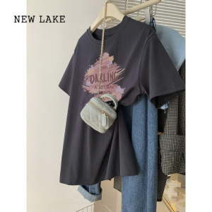 NEW LAKE纯棉休闲短袖T恤女2024年新款宽松欧洲站遮肚子显瘦半袖上衣体恤