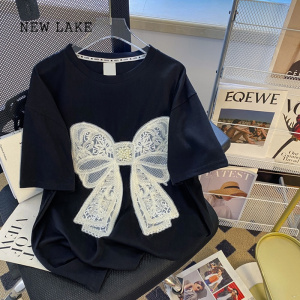 NEW LAKE大码女装2024新款夏季刺绣钉珠蝴蝶结短袖t恤女设计感小众上衣服