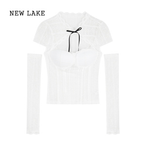 NEW LAKE纯欲蕾丝衫蝴蝶结镂空袖套T恤女夏季修身甜辣妹小众短款白色上衣
