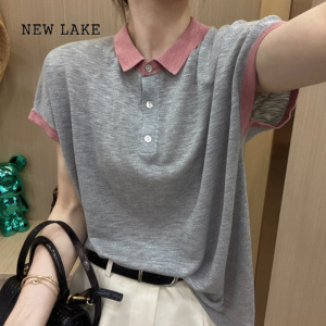 NEW LAKE2024夏季新款宽松薄款polo衫女短袖t恤时尚设计感拼色三粒扣上衣