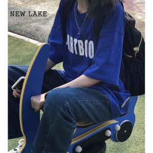NEW LAKE克莱因蓝短袖t恤女2024夏季新款宽松字母纯棉设计感小众上衣ins潮