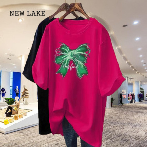 NEW LAKE火龙果色T恤女中长款短袖纯棉2024夏季新款欧货大版宽松上衣ins潮
