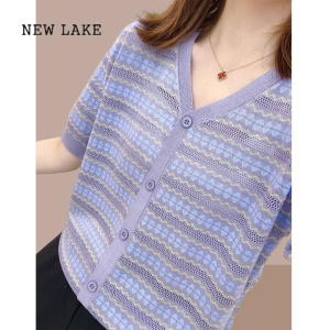 NEW LAKE短袖t恤女士夏季2024新款冰丝针织宽松显瘦洋气减龄小衫短款上衣