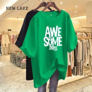 NEW LAKE短袖t恤女2024新款夏季美式字母圆领纯棉体恤中长款宽松内搭上衣