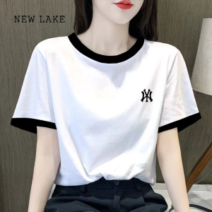 NEW LAKE欧货纯棉短袖t恤女2024夏季新款白色正肩宽松体恤撞色减龄上衣潮