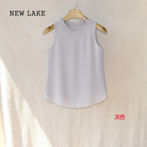 NEW LAKE新款女装夏季纯色宽松显瘦雪纺衫花边背心百搭打底吊带女