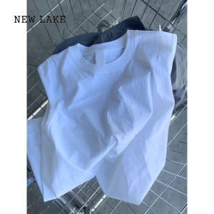 NEW LAKE纯棉白色无袖T恤女篮球背心夏季设计感小众宽松百搭港味chic上衣