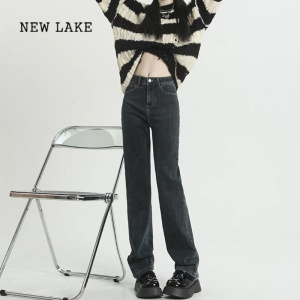 NEW LAKE黑色窄版阔腿直筒牛仔裤女春秋2024年新款小个子夏季薄款烟管裤子