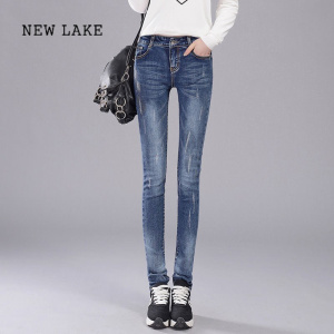 NEW LAKE2024新款加绒弹力韩版铅笔牛仔裤女高腰修身显瘦小脚紧身长裤