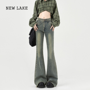NEW LAKE设计感高腰微喇牛仔裤女夏季2024新款美式复古做旧水洗毛边喇叭裤