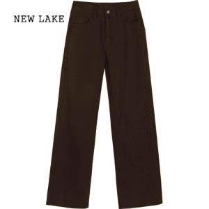 NEW LAKE咖色小个子牛仔裤女春季2024新款设计感小众高腰显瘦直筒阔腿长裤