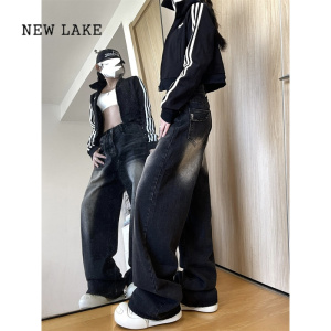 NEW LAKE2024新款美式复古黑色牛仔裤女大码胖mm宽松垂感微喇阔腿裤冬