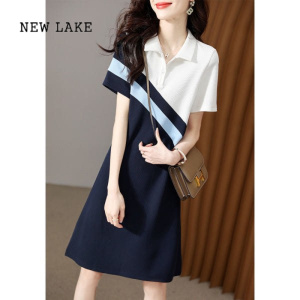 NEW LAKE2024夏季新款韩版时尚连衣裙拼接休闲宽松收腰显瘦POLO领短袖裙子