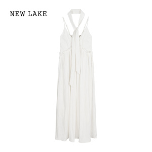 NEW LAKE白色v领露背吊带连衣裙女夏季收腰a字裙子气质仙气海边度假风长裙
