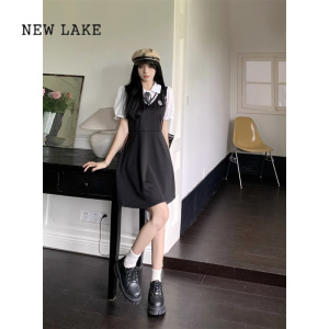 NEW LAKE法式学院风假两件黑色polo连衣裙子女大码夏季收腰显瘦气质A字裙