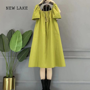 NEW LAKE法式桔梗绿色方领a字连衣裙子女夏季2024新款宽松显瘦遮肚子长裙