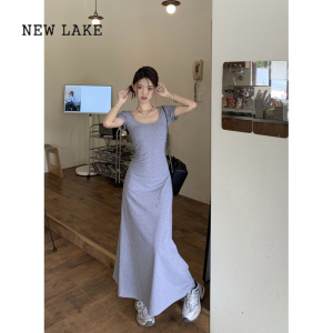 NEW LAKE薄荷曼波方领短袖连衣裙女装2024夏季新款修身收腰A字裙长裙裙子