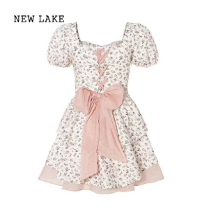 NEW LAKE法式蝴蝶结连衣裙女夏季高级感气质公主蓬蓬裙收腰显瘦小个子短裙