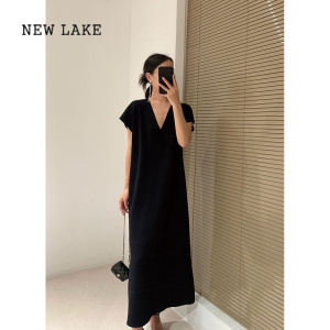 NEW LAKE连衣裙女特大码2024新茶歇法式设计感长款宽松显瘦时尚高级简约风