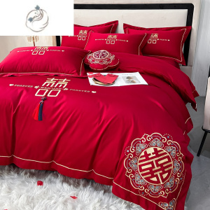 舒适主义大红色高端婚庆四件套纯水洗棉被套床单婚房结婚中式喜庆床上用品