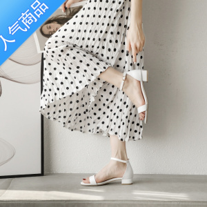 SUNTEK2023夏季新款韩版一字扣带中跟粗跟低跟凉鞋女学生白色高跟鞋