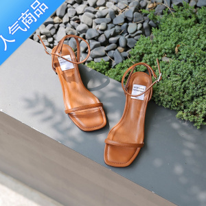 SUNTEK粗跟凉鞋女2023夏季新款韩版简约一字带露趾百搭复古中跟方头女鞋
