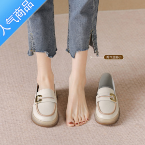 SUNTEK乐福鞋女夏季2023新款软底复古单鞋英伦一脚蹬黑色小皮鞋