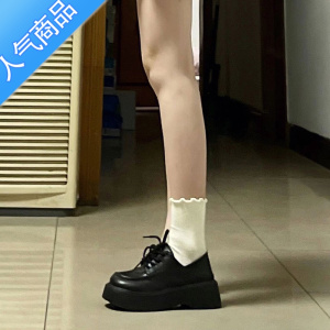 SUNTEK日系小皮鞋女2023新款复古小个子松糕厚底系带乐福鞋白色设计感